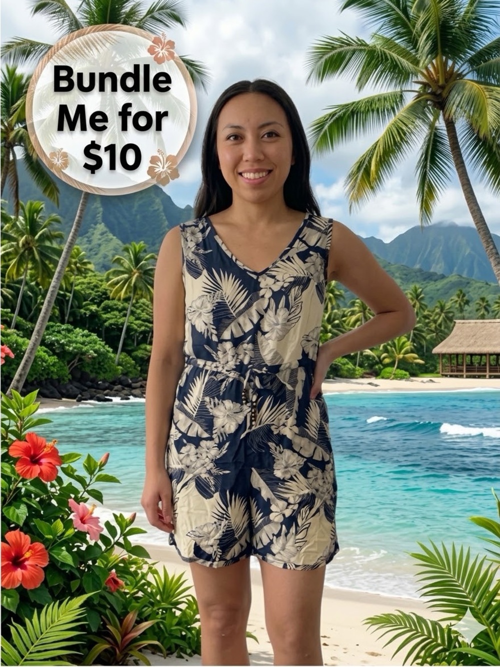 Sleeveless Navy and Cream Tropical Print Romper - Unbranded